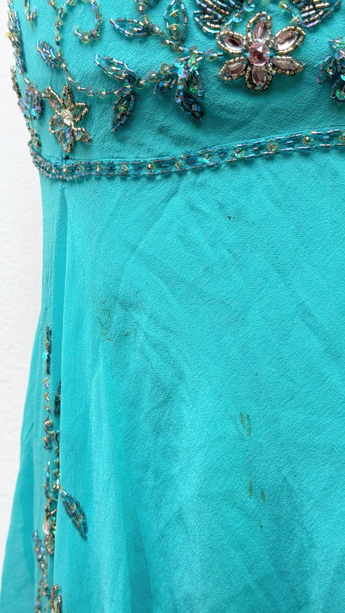 Rare Sue Wong Turquoise Hand-Beaded Silk