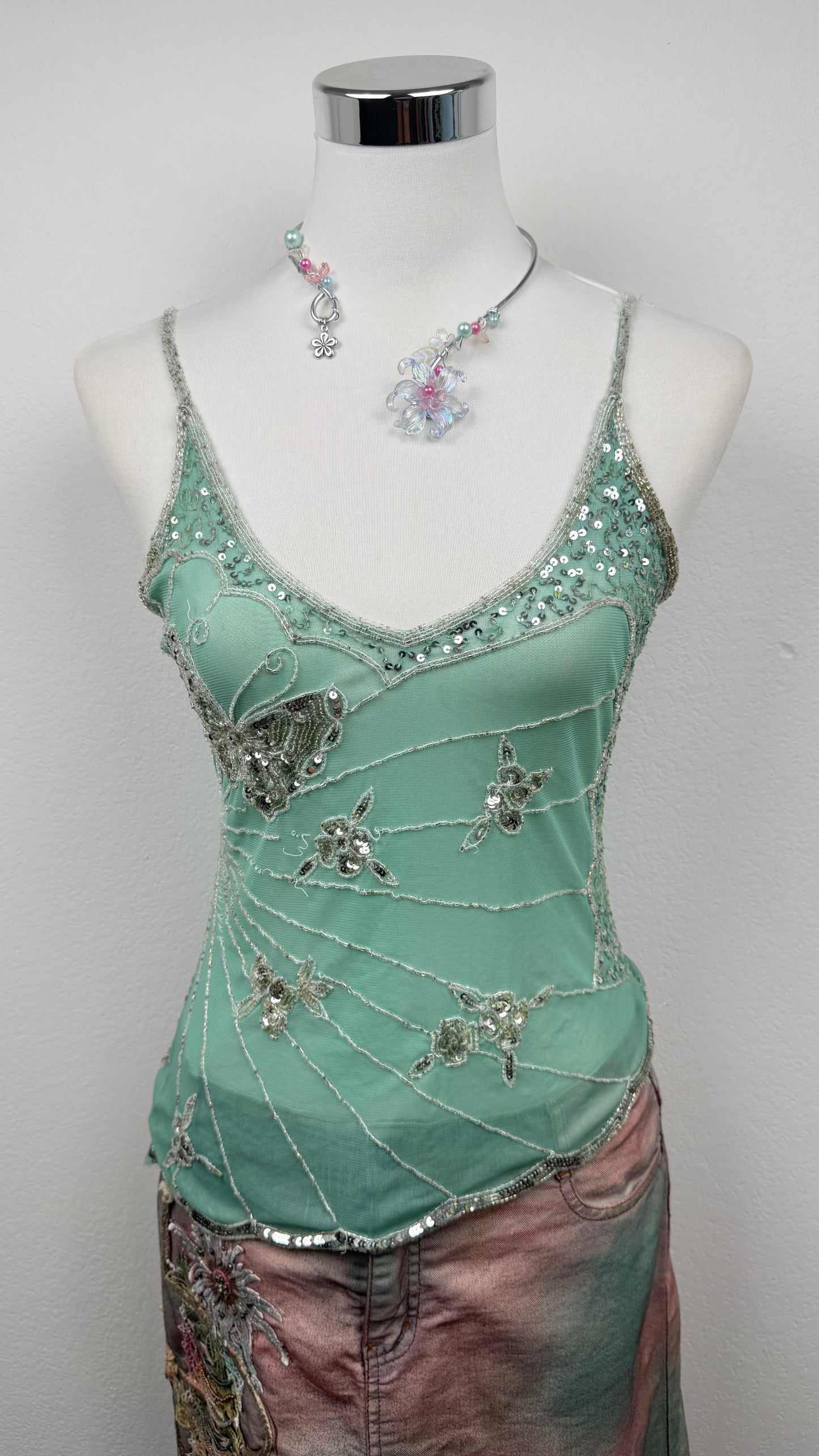 Seafoam Butterfly Beaded Top