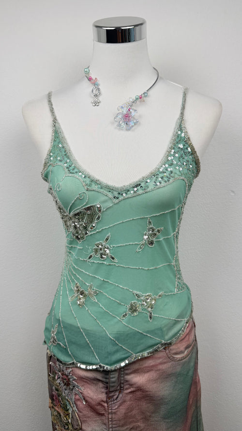 Seafoam Butterfly Beaded Top
