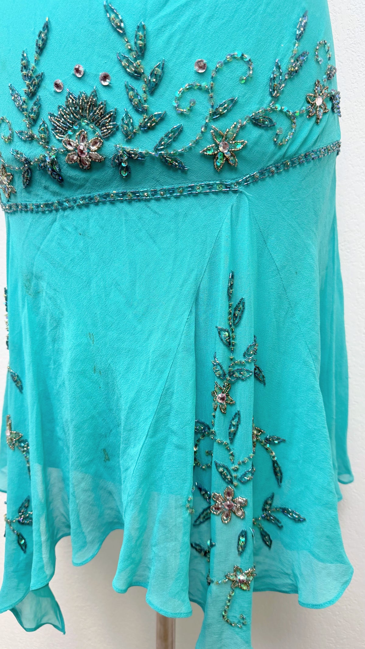 Rare Sue Wong Turquoise Hand-Beaded Silk