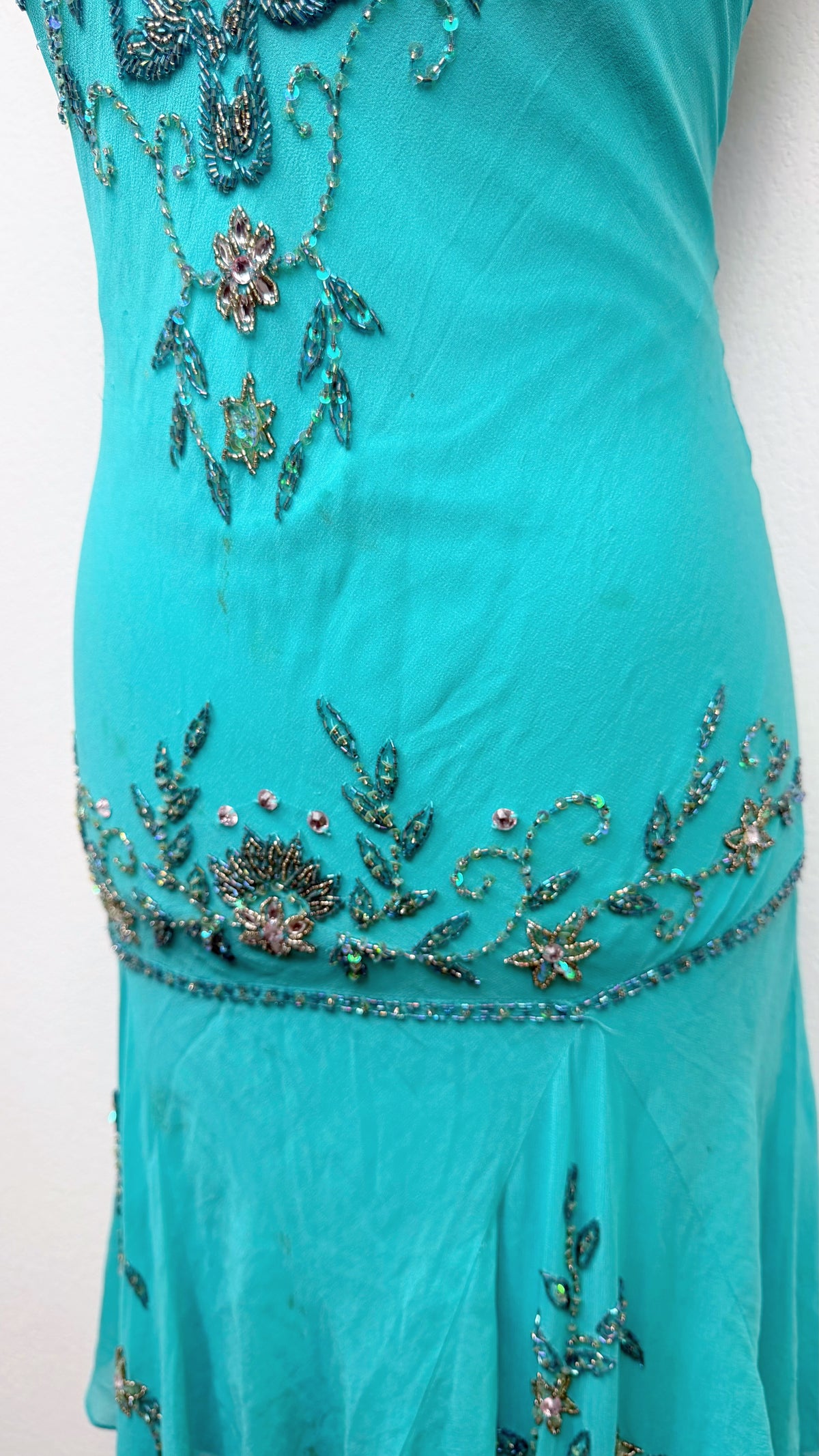Rare Sue Wong Turquoise Hand-Beaded Silk