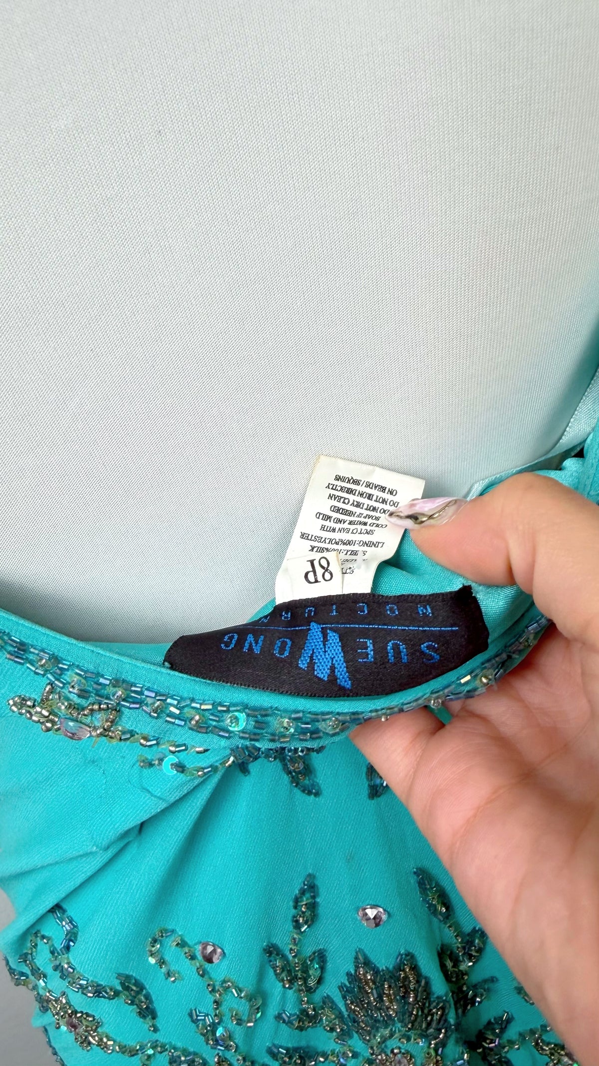 Rare Sue Wong Turquoise Hand-Beaded Silk
