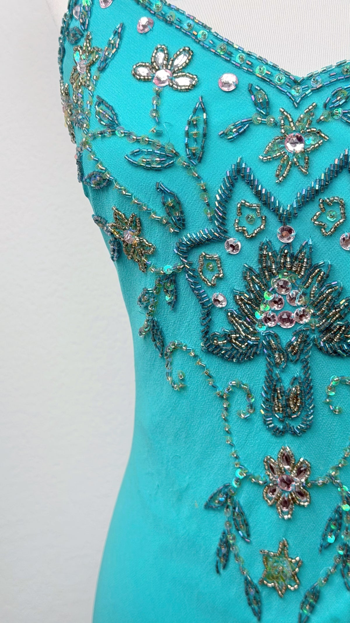 Rare Sue Wong Turquoise Hand-Beaded Silk