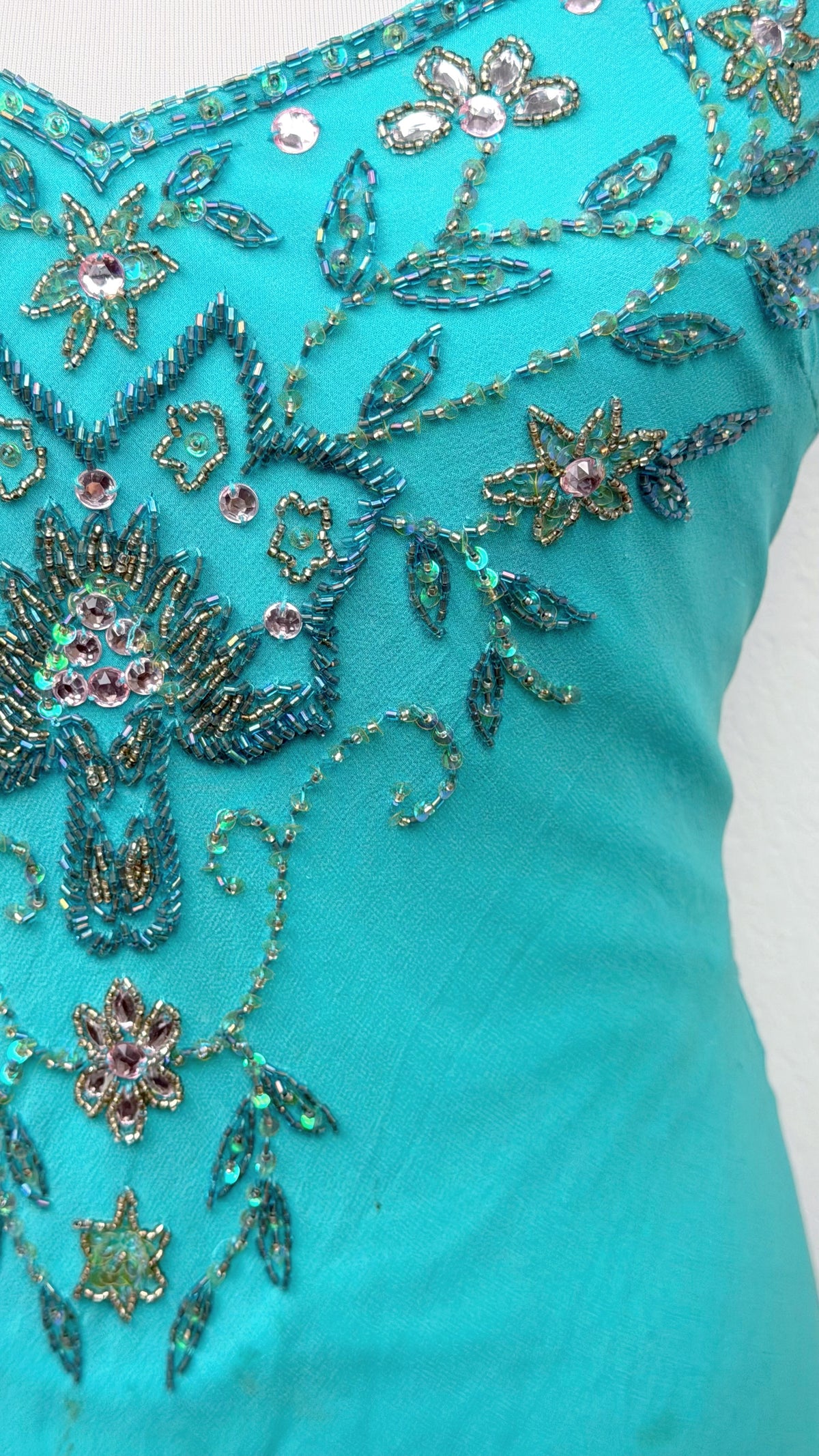 Rare Sue Wong Turquoise Hand-Beaded Silk