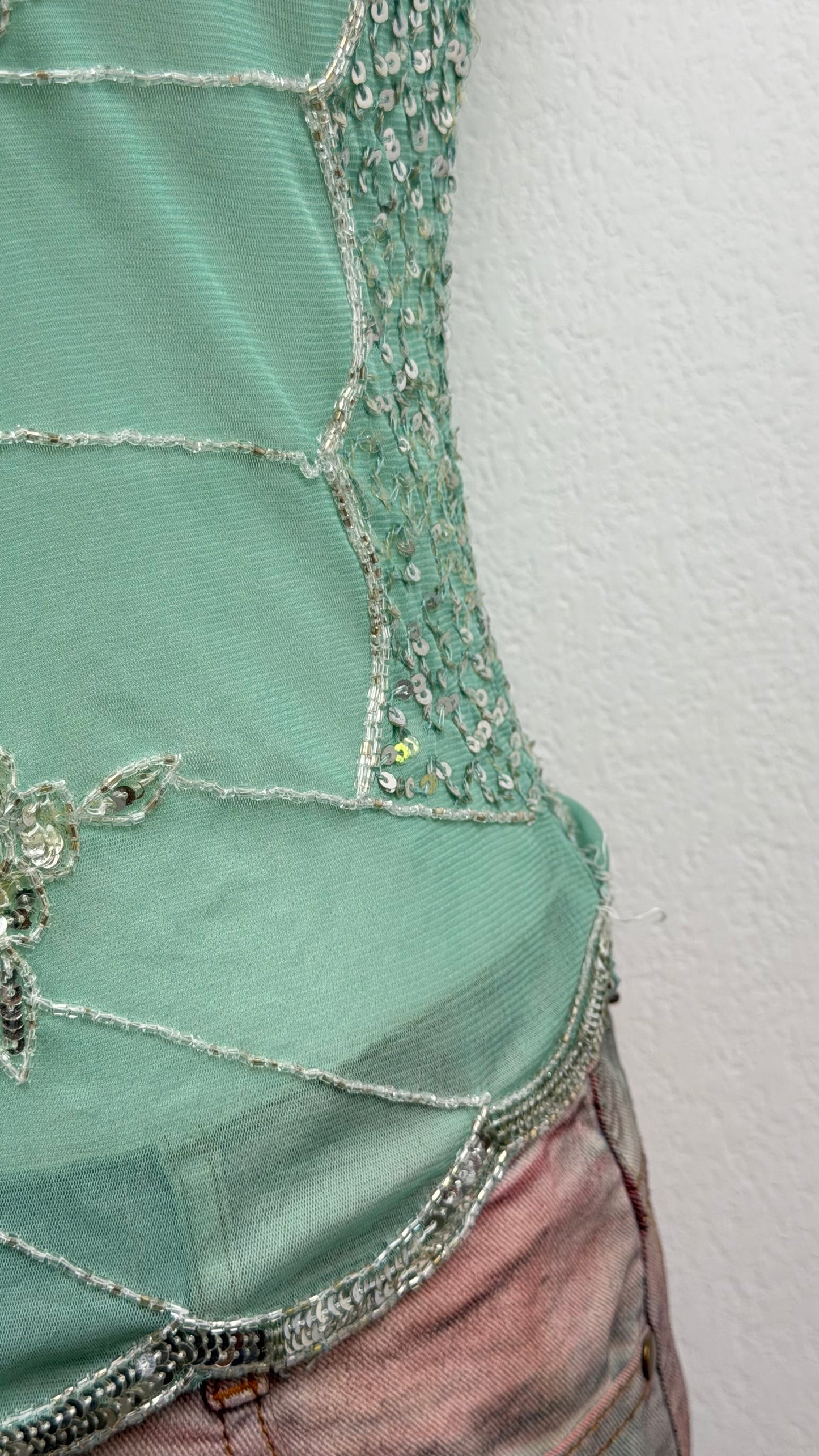 Seafoam Butterfly Beaded Top