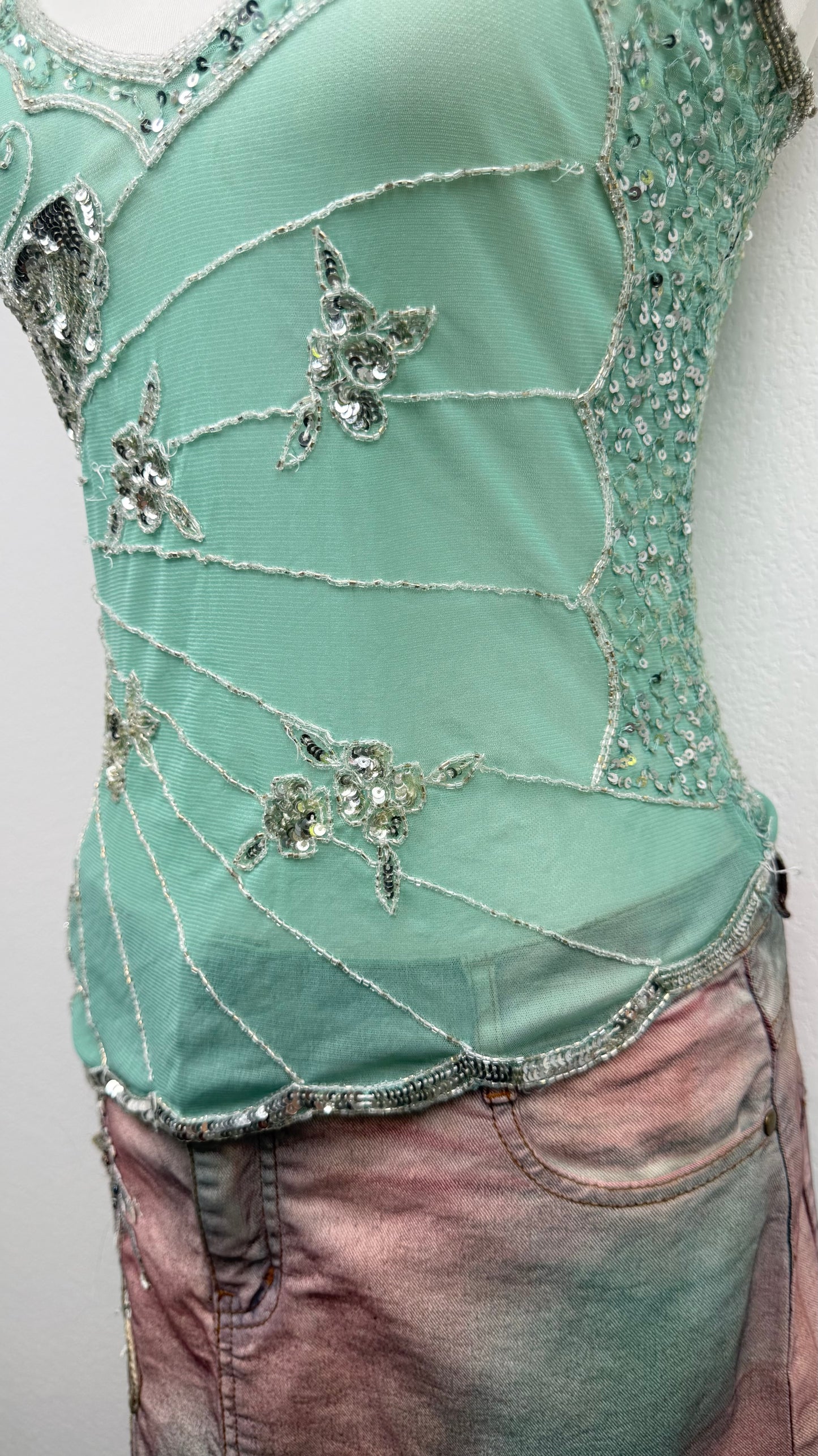 Seafoam Butterfly Beaded Top