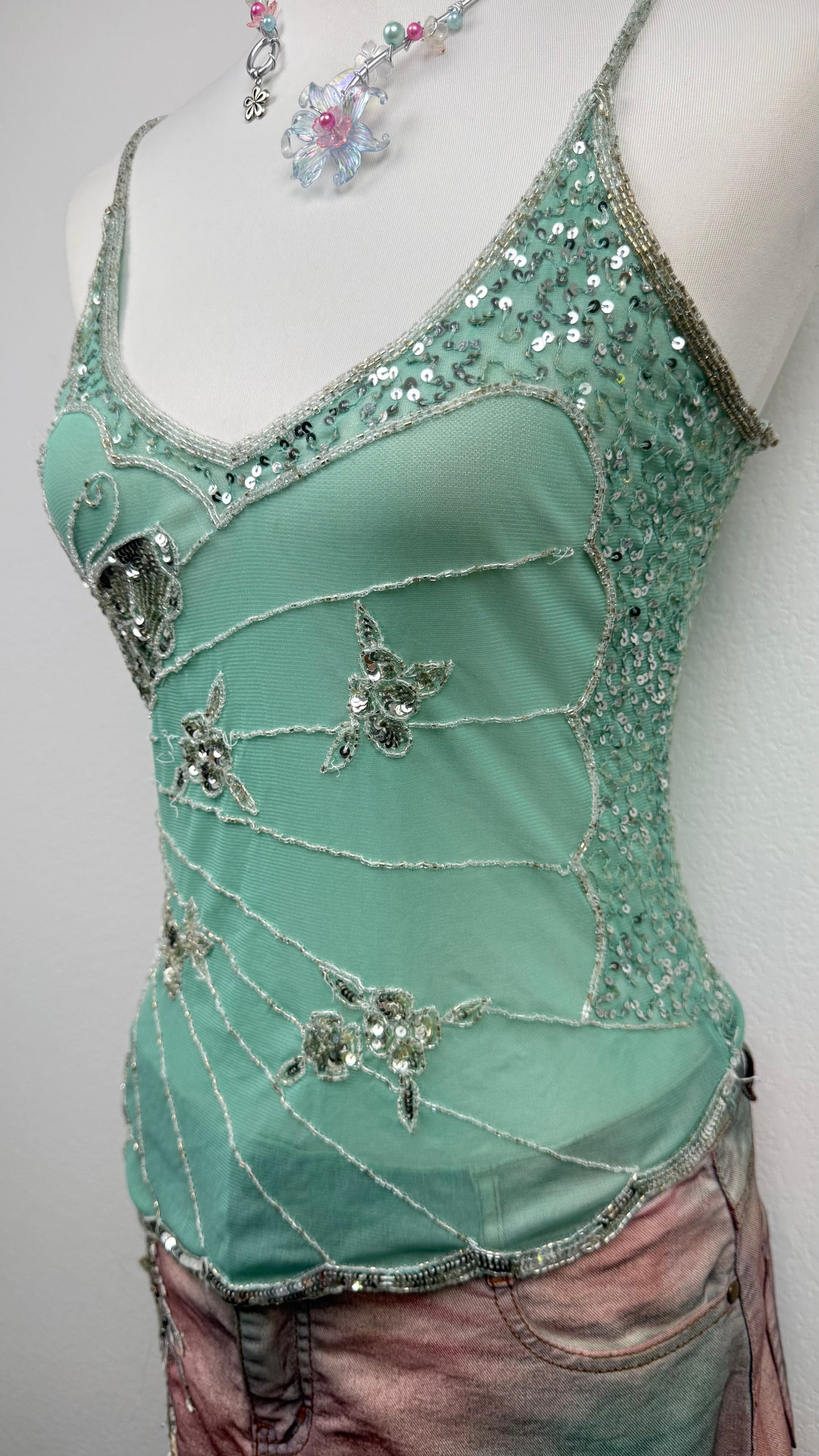 Seafoam Butterfly Beaded Top