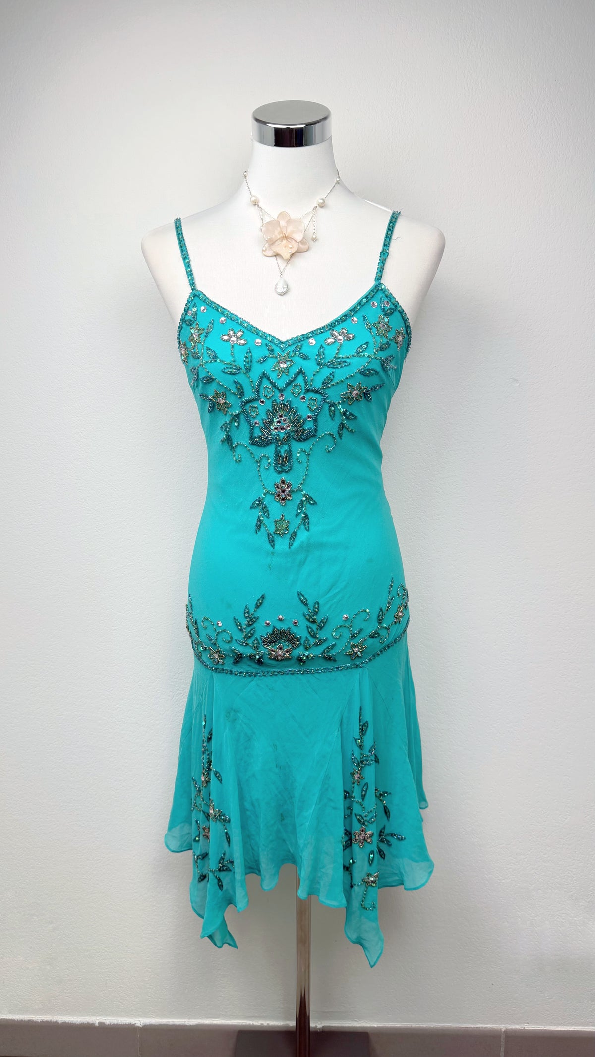 Rare Sue Wong Turquoise Hand-Beaded Silk