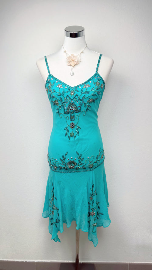Rare Sue Wong Turquoise Hand-Beaded Silk
