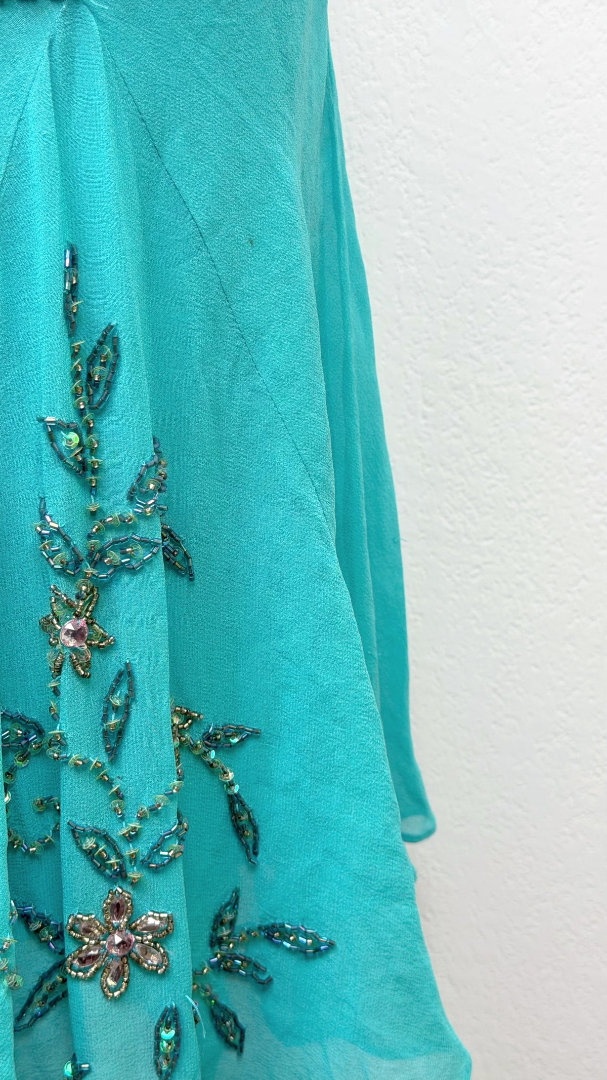 Rare Sue Wong Turquoise Hand-Beaded Silk