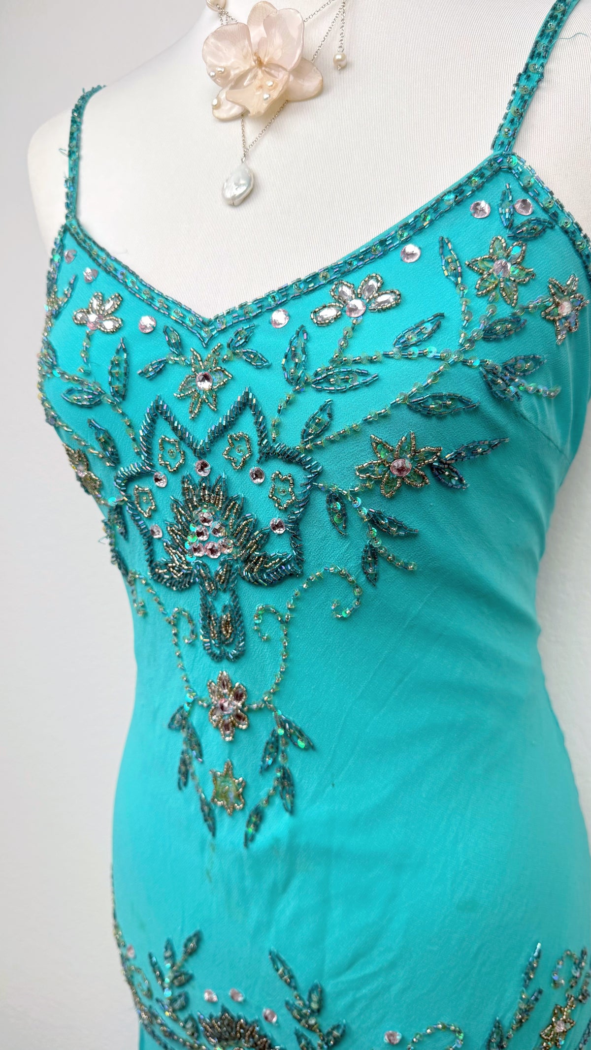 Rare Sue Wong Turquoise Hand-Beaded Silk