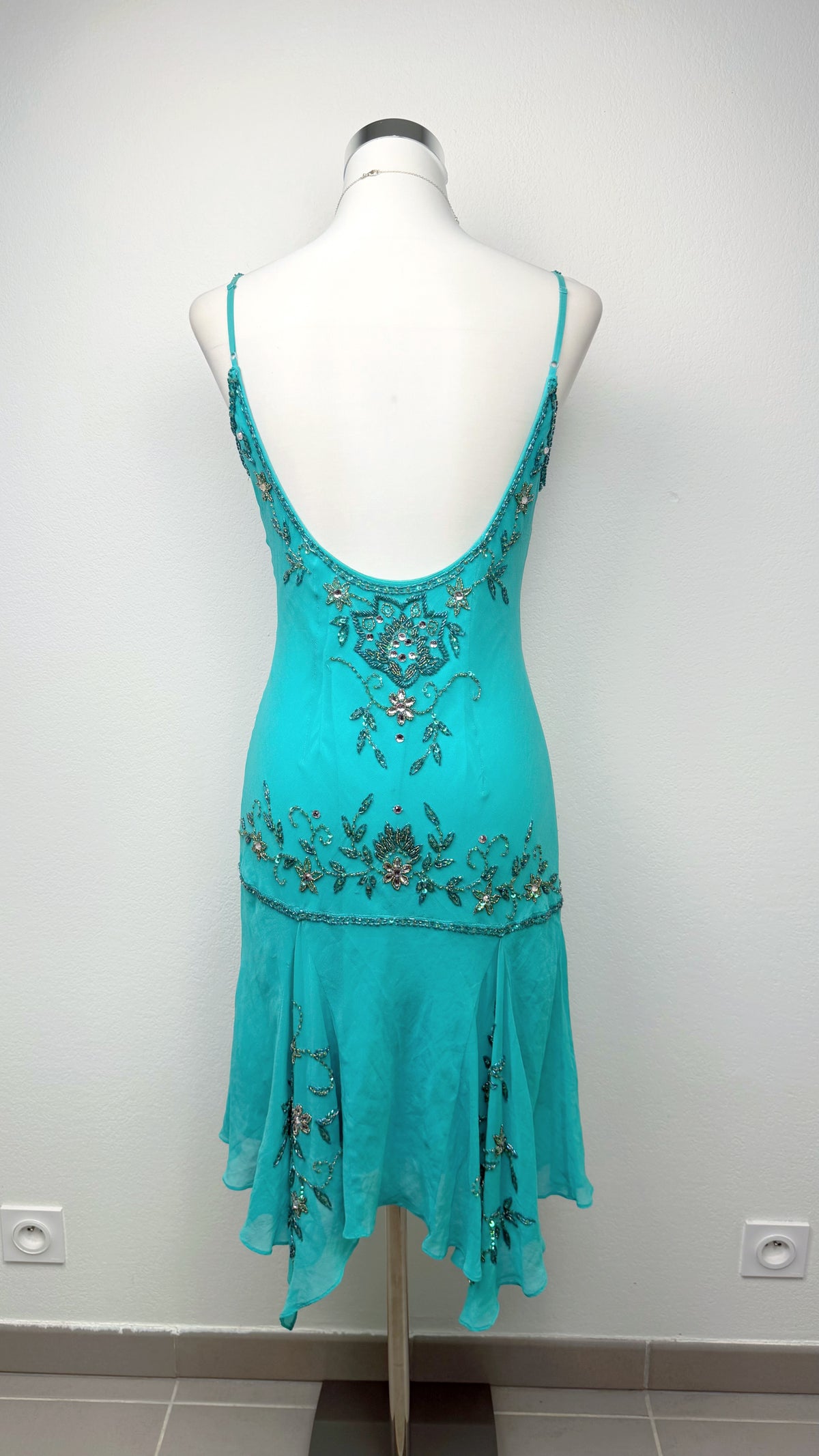 Rare Sue Wong Turquoise Hand-Beaded Silk