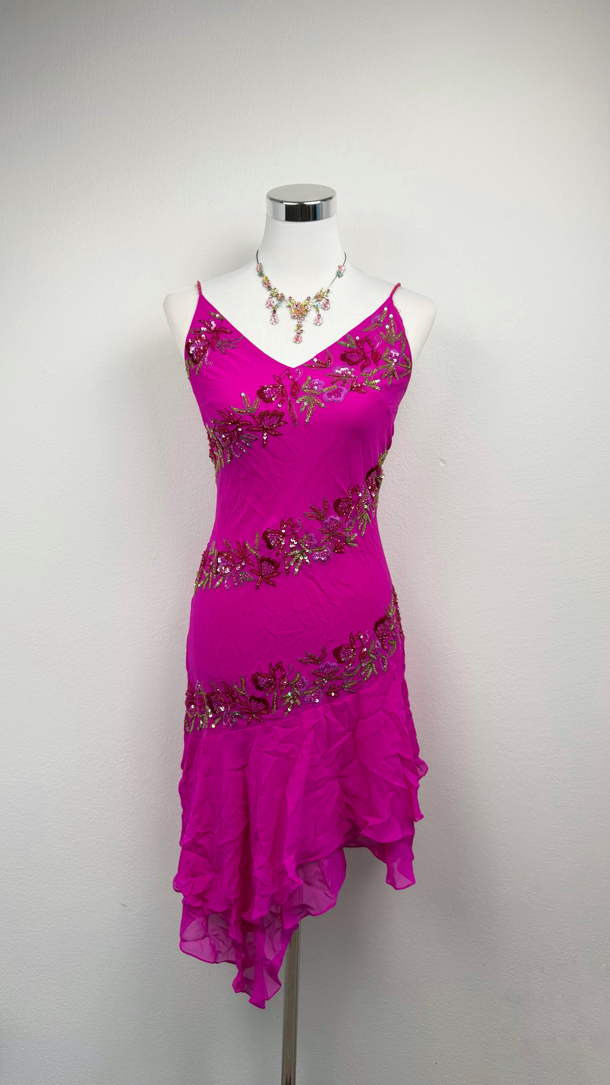 sue wong pink dress Sue Wong Y2K 100% Silk, Blush Pink Beaded Dress with Handkerchief Hemline