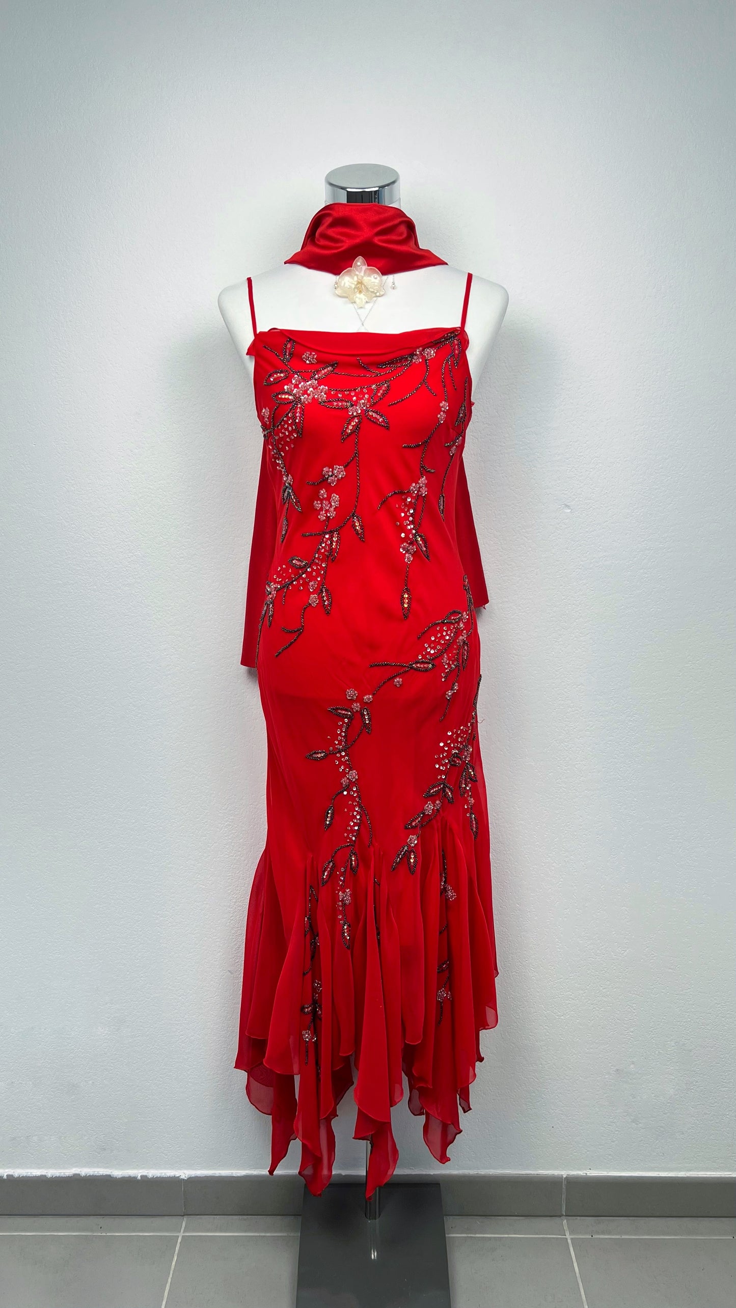 Crimson Blossom Silk Gown