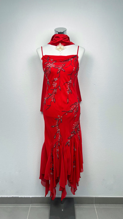 Crimson Blossom Silk Gown