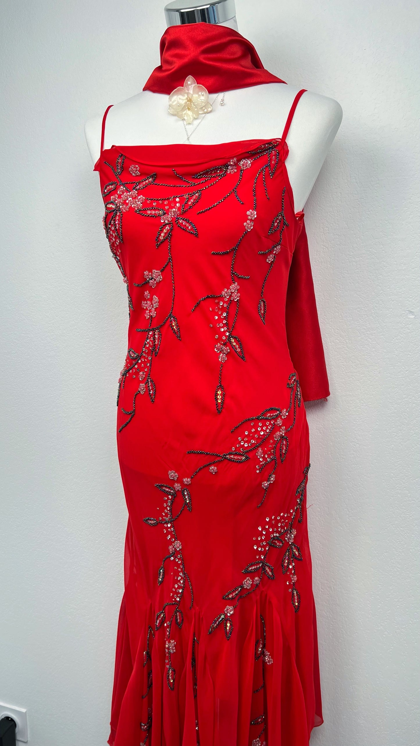 Crimson Blossom Silk Gown